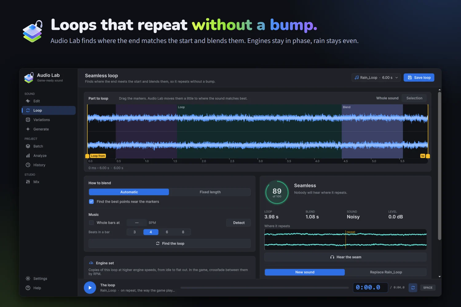 Audio Lab loop editor with a waveform, loop boundaries and blend controls