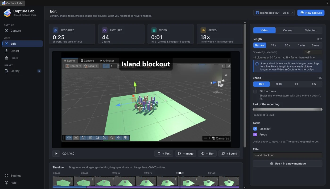 Editor Capture Lab con una escena de Unity grabada, vista previa y línea de tiempo multipista