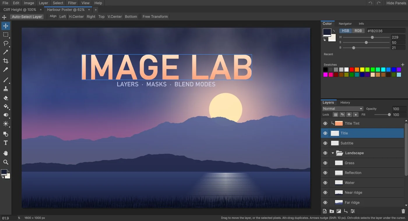 Image Lab layered image editor with an illustrated landscape poster